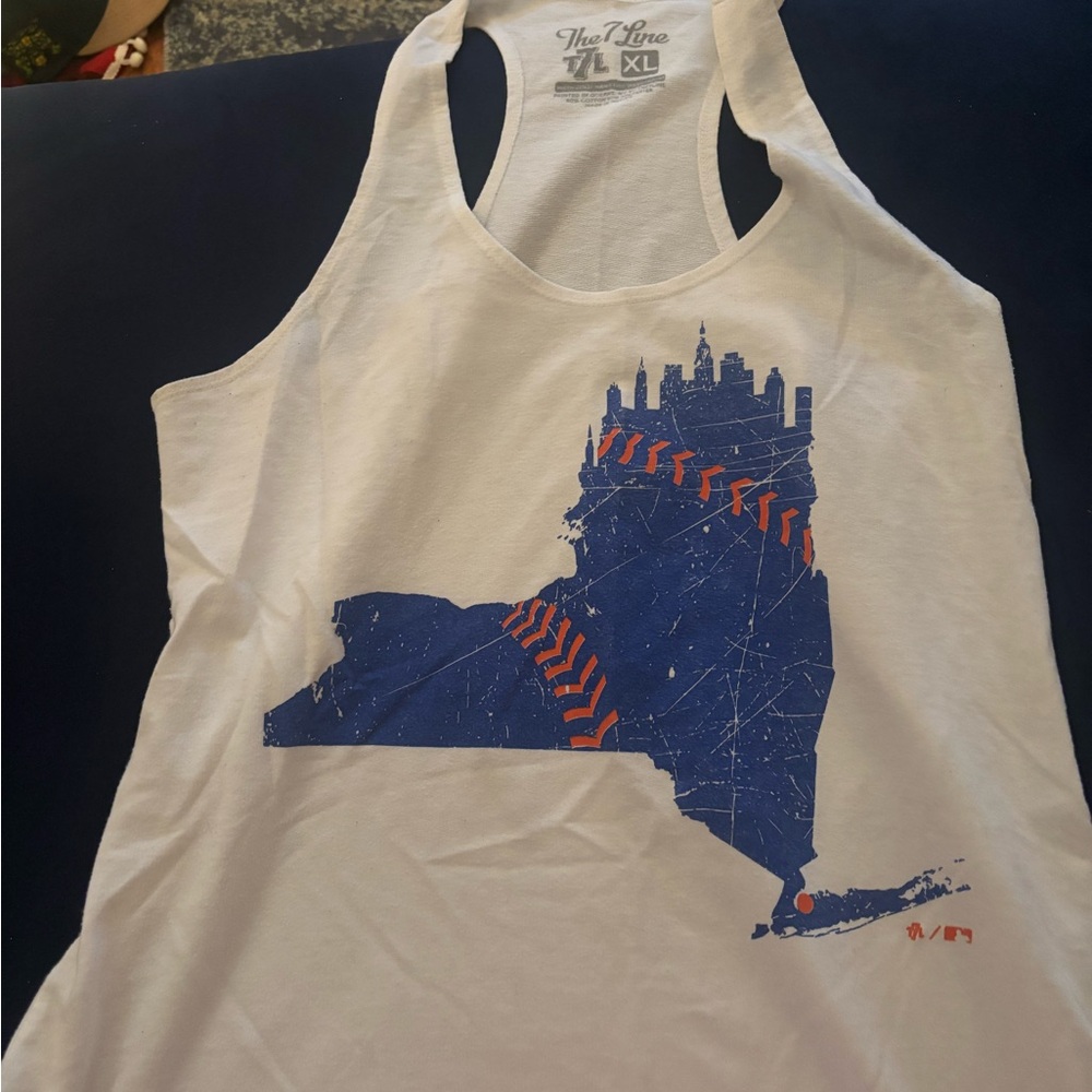 The 7 line army Mets White Tank Top with Blue Graphic of NY with city outline